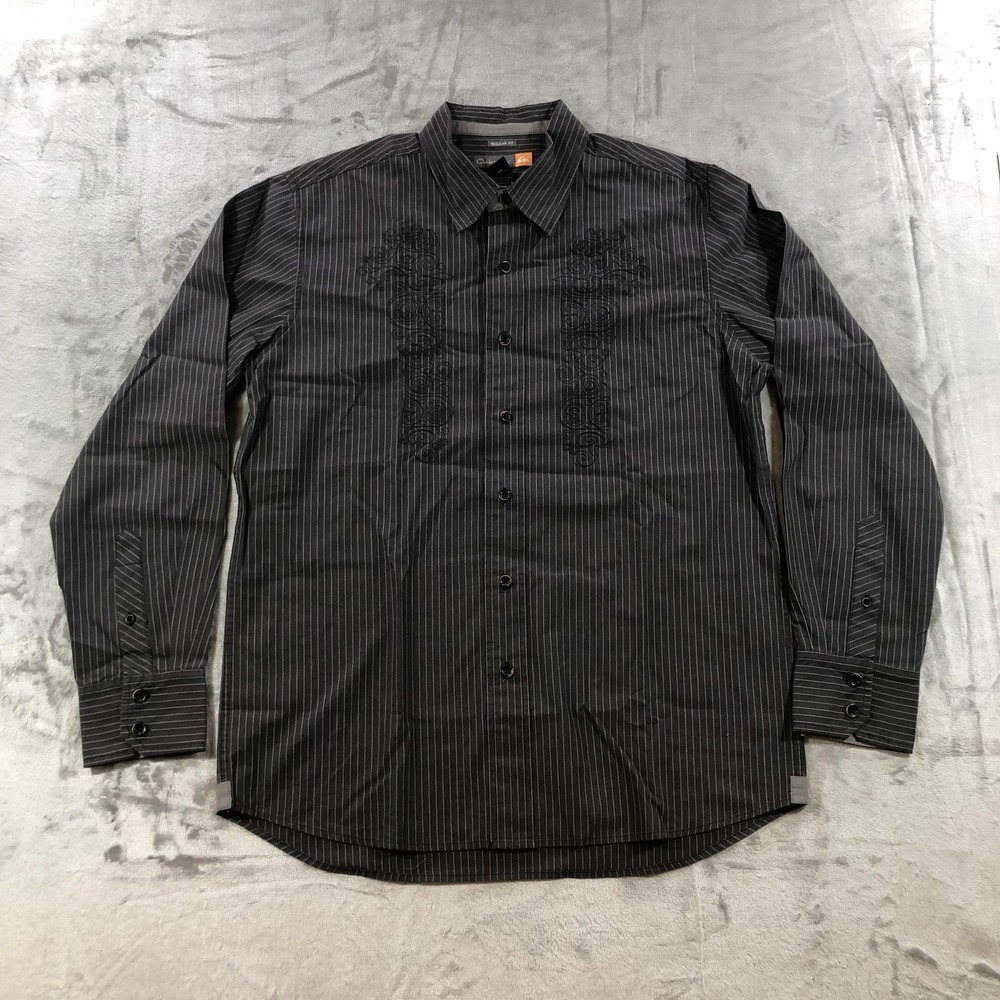 Quiksilver Shirt Mens Medium Black Pinstripe Embroidered Long Sleeve Button Up